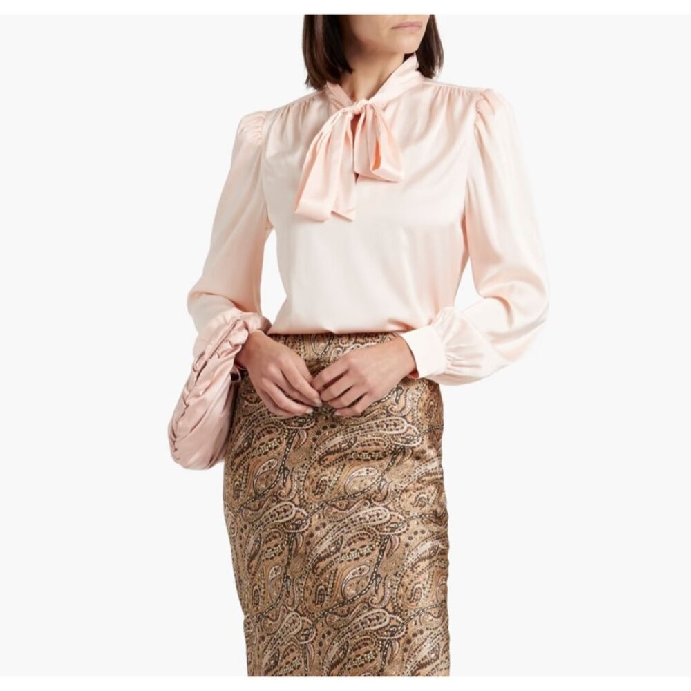 Walter Baker Duchess Blush Pink Satin Neck Tie Long Sleeve Blouse Sz L NEW $198